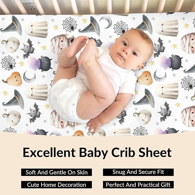 Happy Halloween Baby Crib Sheets Cute Spooky Pumpkin Bat Fitted Crib Mattress Cover Witch Moon Star Toddler Baby Sheet for Standard Crib 28x52in