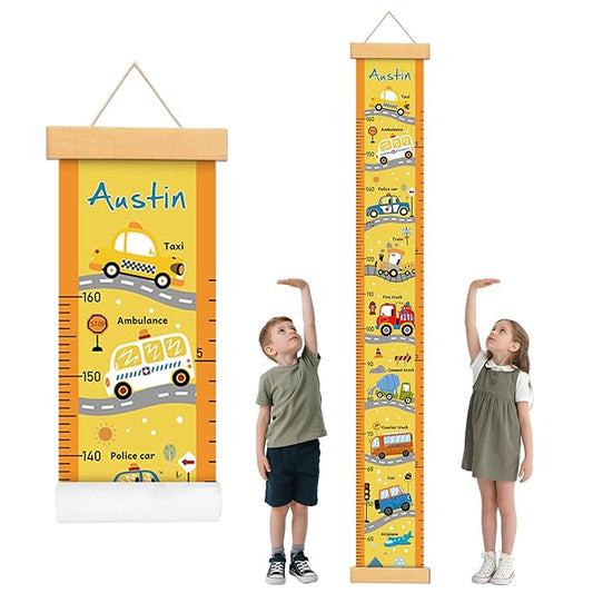 Personalized Name Baby Height Growth Chart Wall, Custom Name Cartoon Car Canvas Height Chart Removable, Waterproof Growth Chart for Kids Boys Girls, Height Ruler for Wall Kids Nursery Wall Decor