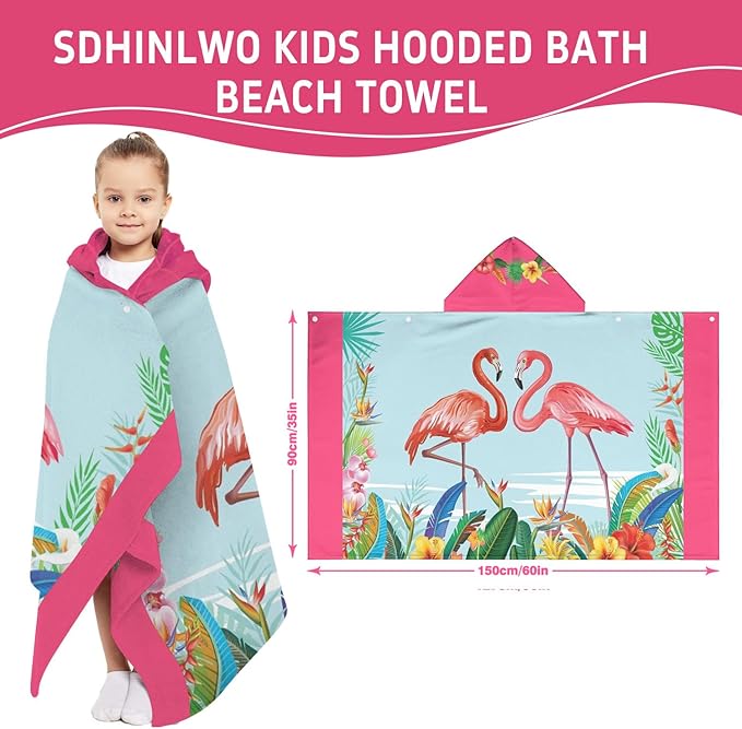 Thickened Hooded Towels for Kids Suitable Girls Boys Kids Bath Towels, 35"x60" Super Absorbent, Flamingo Cute Cartoon Toddler Towels Multi-Purpose for Beach, Pool and Bathroom