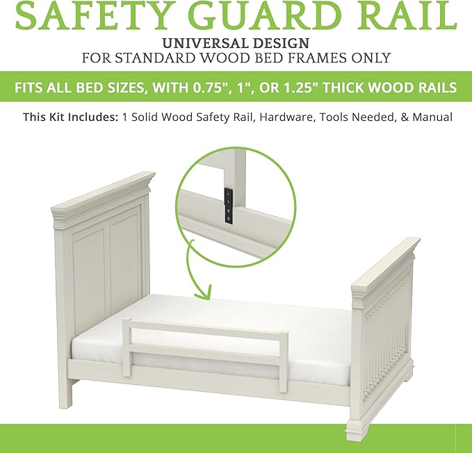 Safety Guard Rail for Baby, Kids, and Children - Solid Wood Safety Bed Rail for Toddlers - Easy Installation - Premium Protection for Bunk, Twin, Full, Queen and King Size Beds - (Vintage White)