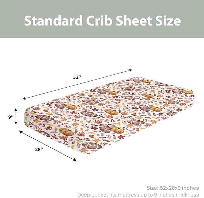 Autumn Football Pumpkin Leaves Baby Crib Sheets for Boy Girl 52"x28" Fall American Football Maple Soft Snug Fitted Crib Mattress Cover Thanksgiving Sports Baby Sheet for Crib & Toddler Bed Mattress