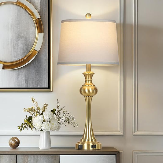 Cinyirong 28.75" Gold Table Lamps Modern 3-Way Touch Control Dimmable Bedside Lamp with USB A+C Ports & AC Outlets for Living Room Bedroom Nightstand Lamp (Bulb Included)
