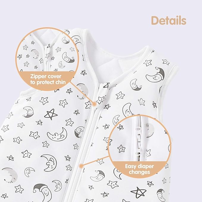 Mosebears Sleep Sack Baby Winter Wearable Blanket with 2-Way Zipper,2.5 TOG Cotton Sleep Sack Unisex (White Star, 6-12 Months)