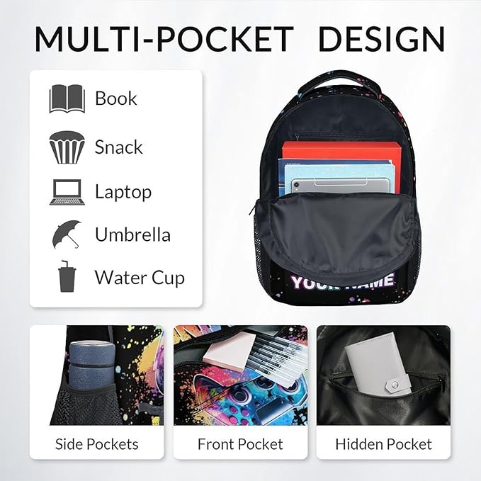COZYAURA Customized Backpack - Video Gamer Bookbag with Lunch Box for School - Lightweight Black Gaming Backpacks for Boys