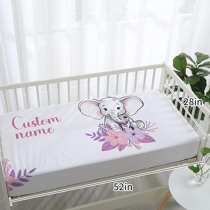 Personalized Baby Crib Bedding Set: 4 Piece Custom Purple Flower Elephant Crib Bed Set with Name, Nursery Bedding Set for Baby Girls, Newborn Boys Crib Sets, Crib Bedding Custom Gift, Crib Sheet