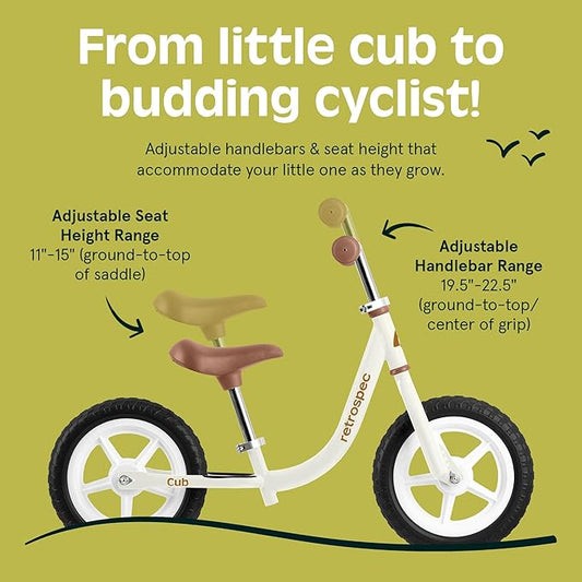Retrospec Cub Toddler Balance Bike for Ages 18 Months - 3 Years - 12in No-Pedal Beginner Bicycle with Adjustable Seat, Puncture-Proof Tires & Safe Low Frame Design