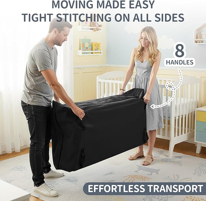 2 Pcs Oxford Cloth Waterproof Crib Mattress Storage Bag with Zipper and 8 Reinforced Handles Heavy Duty Reusable Crib Mattress Cover for Storage, 52.5 x 28 x 6.5 Inches (Black)