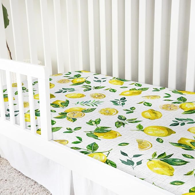 Watercolor Fresh Lemons Baby Crib Sheet 52''x28'' Summer Lemon Green Leaves Stretchy Fitted Crib Mattress Cover for Boy Girl Tropical Fruit Soft Nursery Bed Sheet for Standard Crib Toddler Mattress