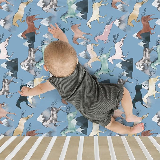 Boho Horses Mountains Baby Crib Sheets for Boy Girl 28"x52" Wild Horses Blossom Soft Snug Fitted Crib Mattress Covers Horse Lovers Nursery Baby Sheet for Standard Crib & Toddler Bed Mattress Blue