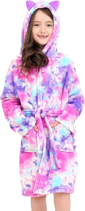 Doctor Unicorn Girls Leopard Cat Robe Kids Fleece Warm Hooded Bathrobe