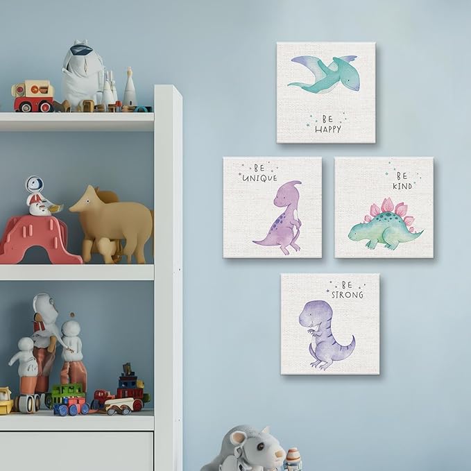 Cute Watercolor Dinosaur Prints Inspirational Motivational Quotes Canvas Wall Art Nursery Decor Wall Decor Funny Poster Artwork for Kids Room Classroom Bedroom Decoration (4PCS,Framed,7.9x7.9IN)