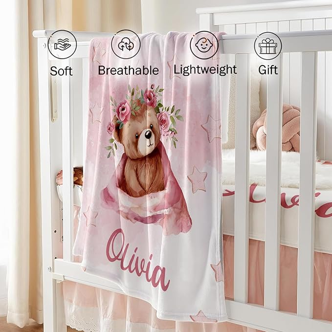 Custom Baby Crib Bedding Set, Personalized Name Pink Bear Design Crib Set 3 Pcs, Soft Double Layer Blanket, Crib Sheet & Room Rug, Ideal Nursery Decor Gift for Baby Girls Boys