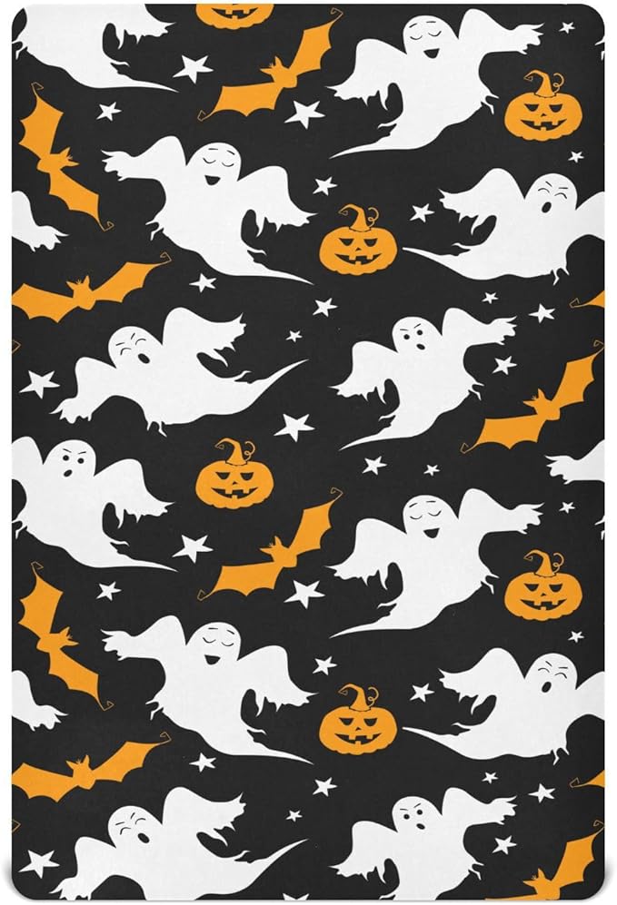 Pumpkin Ghost Halloween Crib Sheets Soft Breathable Fitted Baby Playard Sheets Mattress Cover for Girl Boys, 39" x 27" x 5"