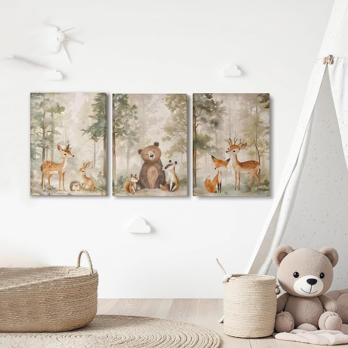 ICHZUMW Woodland Animals Nursery Wall Decor, Nursery Wall Art, Watercolor Deer Bear Fox Painting Print Artwork for Boys Girls Kids Room, Wrapped Canvas, Ready to Hang, 12x16in, Set of 3