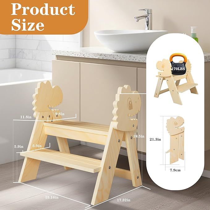 TinyHaven Wooden Toddler Step Stool, 2-Step Foldable Stool for Kids with Non-Slip Surface, Baby Bathroom Stool for Potty Training, Bathroom Sink, Kitchen Counter with Cute Dinosaur Design, Natural