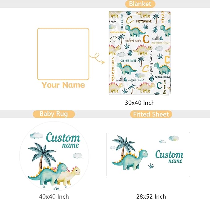 Personalized Baby Bedding Set, 3 Pcs Custom Name Crib Bedding Set for Nursery, Cute Baby Crib Set with Double Layer Blanket for Boys Girls, Customized Gifts for Infants Toddlers, Green Dino