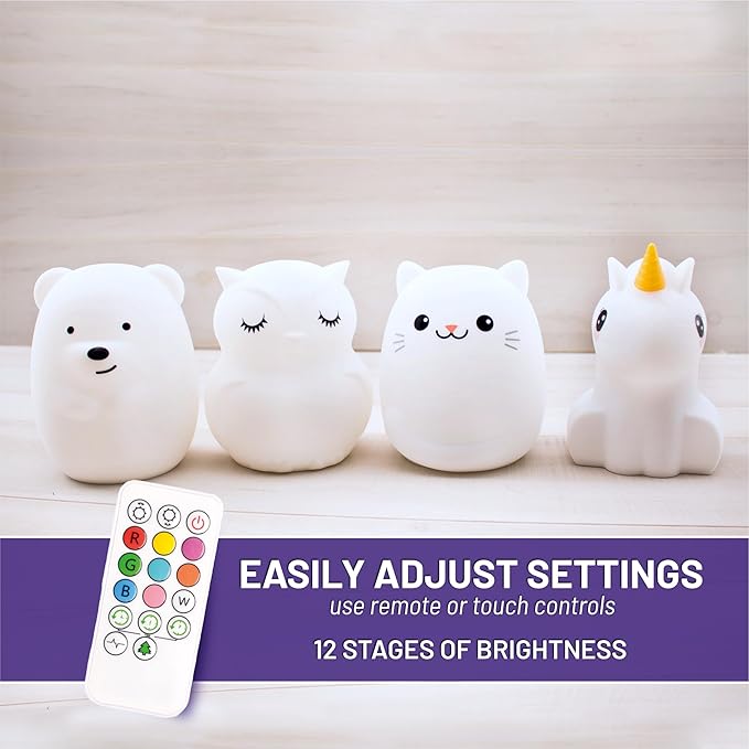Lumipets Remote Control Silicone Night Light for Kids - Owl Design with 9 Soft Colors & Sleep Timer - Rechargeable, Battery-Operated Lamp for Bedroom | Baby Nursery, Toddler, Girls, Boys