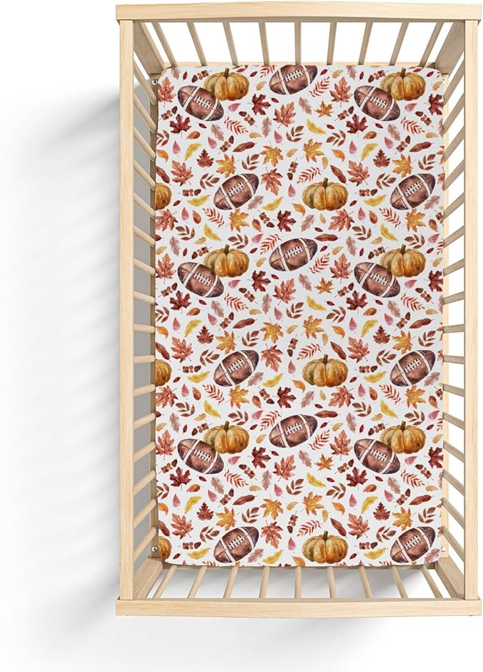 Autumn Football Pumpkin Leaves Baby Crib Sheets for Boy Girl 52"x28" Fall American Football Maple Soft Snug Fitted Crib Mattress Cover Thanksgiving Sports Baby Sheet for Crib & Toddler Bed Mattress