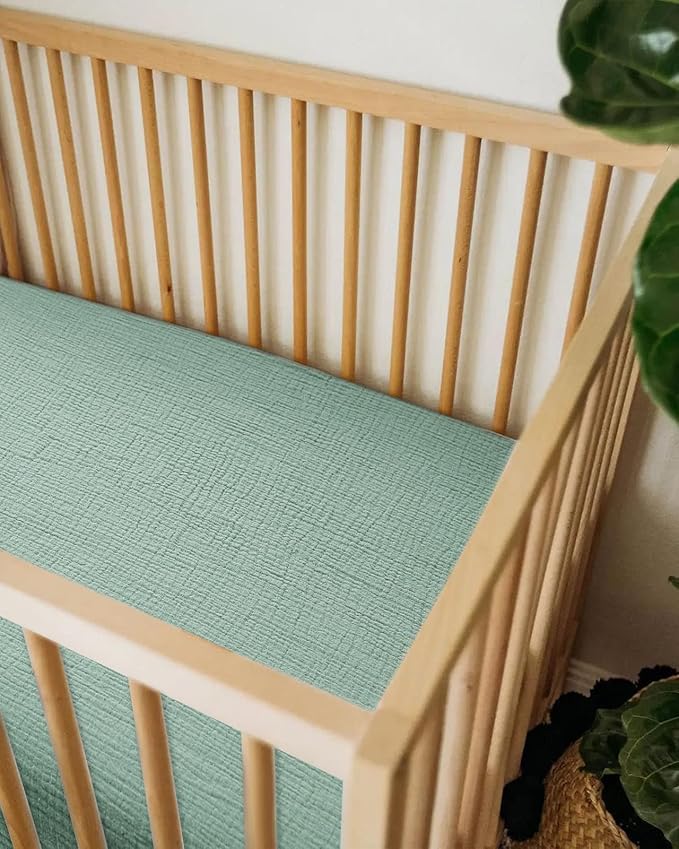 Mini Crib Sheets for Baby, Fitted Pack N Play Mattress and Mini Cribs 24" x 38", Neutral Muslin Cotton Mini Crib Mattress Sheet with Boho Style, Soft and Breathable Comfort (Sage)