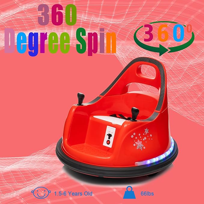 12V Kids Ride On Bumper car for Toddlers& Kids, Battery Powered Electric Vehicle Ride on Toys Car W/Parents Remote Control, Music, Bright Colorful LED Lights and 360° Spin, Red