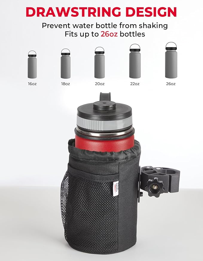 KEMIMOTO Motorcycle Cup Holder, Oxford Fabric Motorcycle Drink Holder with 0.6"-1.5" Alligator Clamp, Universal Water Bottle Cup Accessories for Bike, ATV/UTV, Scooter, Boat, Walker, Black L