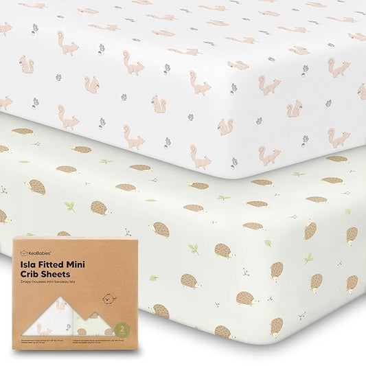 Pack and Play Sheets Fitted - 2-Pack Mini Crib Sheets for Pack N Play Mattress 38x26, Soft & Cozy, Neutral Toddler Playard Bedding, Snug Fitted Mini Baby Crib Mattress Cover Boy, Girl (Nibbles/Bruce)