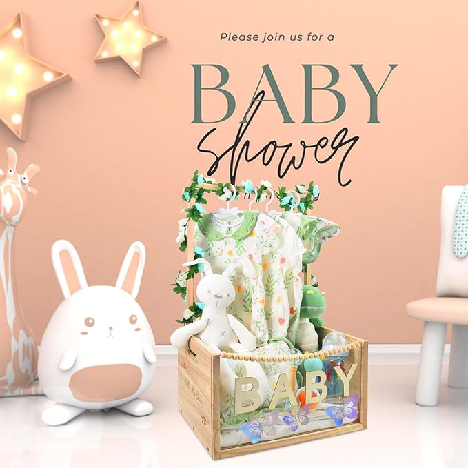 PIIOSER Baby Shower Crate Closet, Multifunctional Wooden & Acrylic Visible Baby Storage Box with Handle, Newborn Welcome Baby Toy Baskets for Boys Girls, Pregnancy Gifts for New Moms(Beige)
