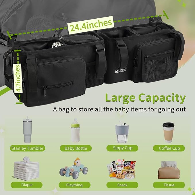 AEMIDAY Double Stroller Organizer Compatible with BOB Duallie and Baby Jogger City Mini GT2 Double Stroller, Double Baby Stroller Accessories with 2 Cooler Pockets , Black(Empty Bag)