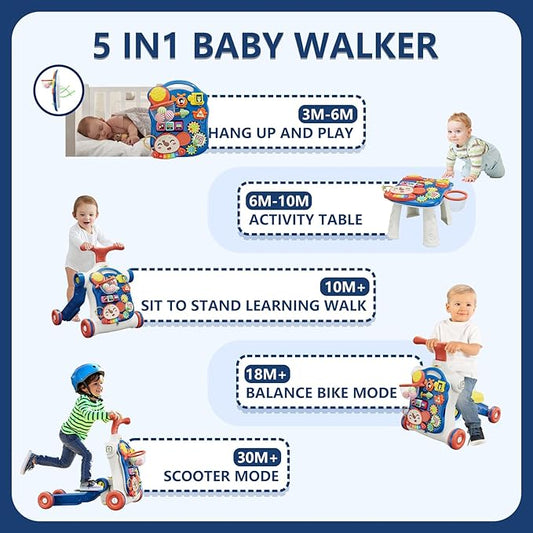 5 in 1 Baby Push Walker for Baby Boy, Activity Center Learning to Walk, Sit to Stand, Early Learning Push Toys for Infant 12 Months, Walking Toys Gift for Toddler Boys, Blue