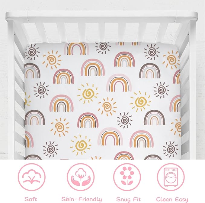 Boho Sunshine Rainbow Baby Crib Sheets 52''x28'' Colorful Rainbow Sun Stretchy Fitted Crib Mattress Cover for Boy Girl Soft Baby Nursery Bed Sheet for Standard Crib and Toddler Mattresses