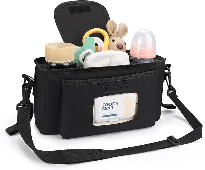 Accmor Universal Stroller Organizer with Insulated Cup Holder and Shoulder Strap, Stroller Caddy Bag Stroller Cup Holder Attachment for Uppababy, Baby Jogger, Britax Strollers, Black