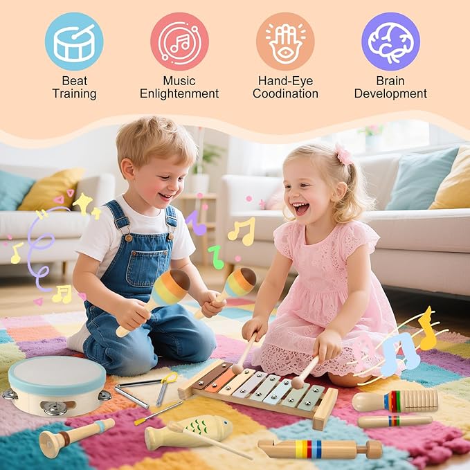 Baby Musical Instruments-Montessori Wooden Toys for Toddlers Age 3 Neutral Colors Percussion Instruments Set with Modern Boho Xylophone for Kids Preschool Educational, Includes Storage Bag