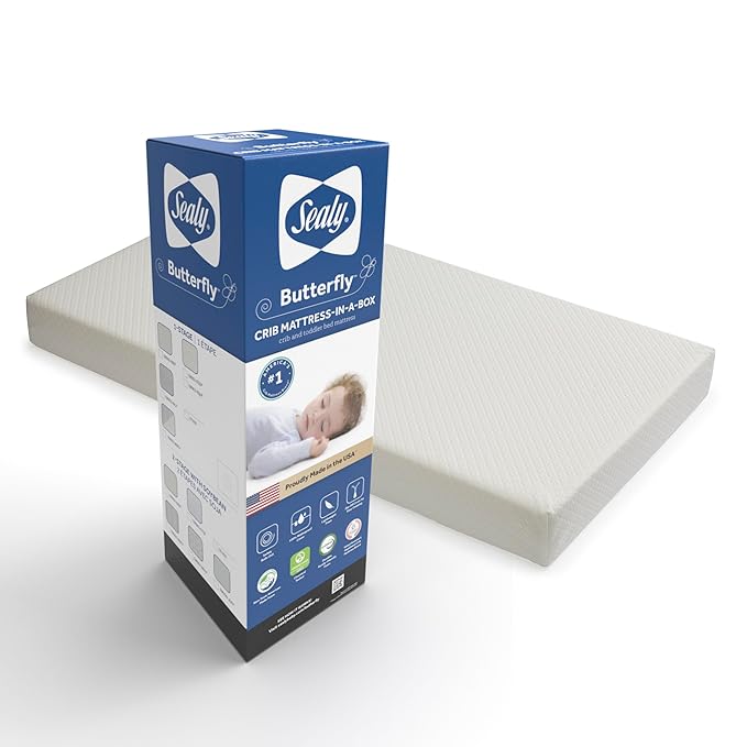 Sealy Baby Butterfly Knit Breathable Crib Mattress, GREENGUARD GOLD Certified, Made in USA, Premium Foam, Washable Easy to Clean Cover, Toddler Bed Fit, Safety & Quality Tested, 52x28"