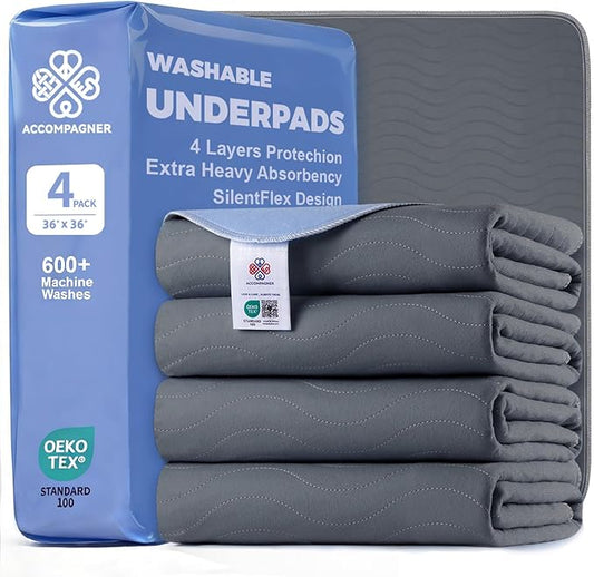 Accompagner Waterproof Reusable for Adults and Pets Washable Pee Pads for Dogs Changing Pad Large Dog Bed Size Adults Incontinence Bed Pads - Non-Slip Leak-Proof (Dark Gray, 4Pack-36" x36")