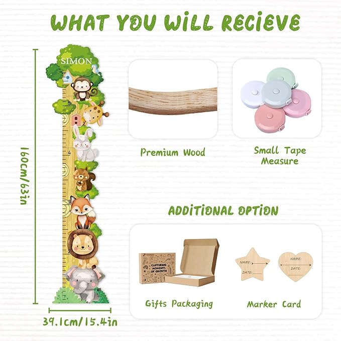 Woodemon Personalized Name Growth Chart for Wall, Forest Animal Stack Wooden Height Chart, Boy Girls Height Chart Growth Measuring Ruler, Christmas Birthday Gift for Boys and Girls