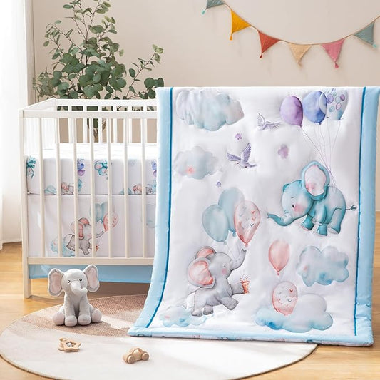 4 Pieces Crib Bedding Set for Baby Boys Girls, Infant Toddler Nursery Baby Bedding Sets Includes Cartoon Quilt, Fitted Crib Sheet, Crib Skirt and Plush Elephant Toy