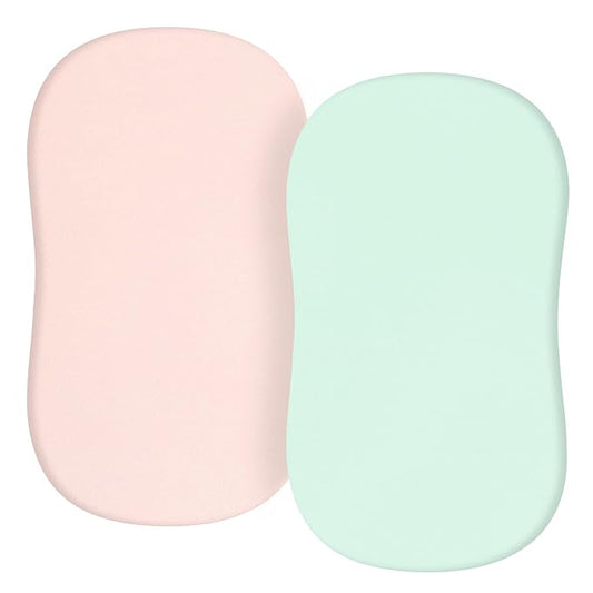 TILLYOU Baby Bassinet Sheets for Girls Boys, Fit for Hourglass Oval Rectangle Bassinet Mattress Sheets, 33”X16”, 2 Pack Green & Pink