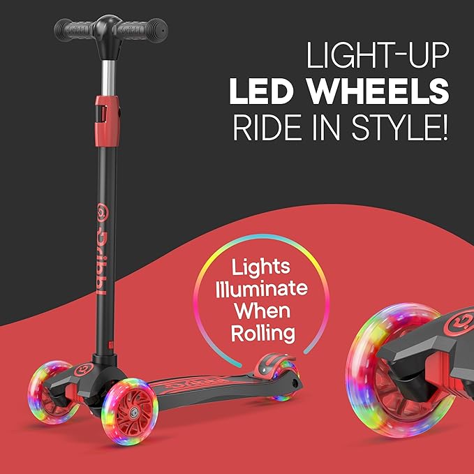 Dribbl 3-Wheel Kids Scooter - Lean-to-Steer Technology, Adjustable Height Handlebar, Anti-Slip Deck, Scooter for Boys & Girls Ages 3+, Child Safety Approved, Support Rider Up To 165 lbs, Black and Red