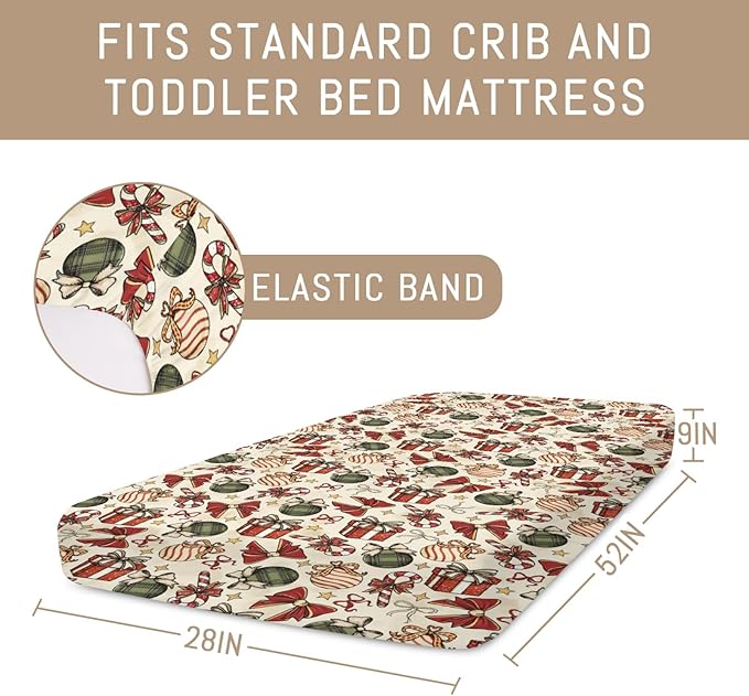 Vintage Christmas Baby Crib Sheets for Boy Girl Cute Christmas Bows Gift Balls Candy Glitter Soft Snug Fitted Crib Mattress Covers for 52x28 Standard Crib & Toddler Mattress Winter Holiday Bed Sheet