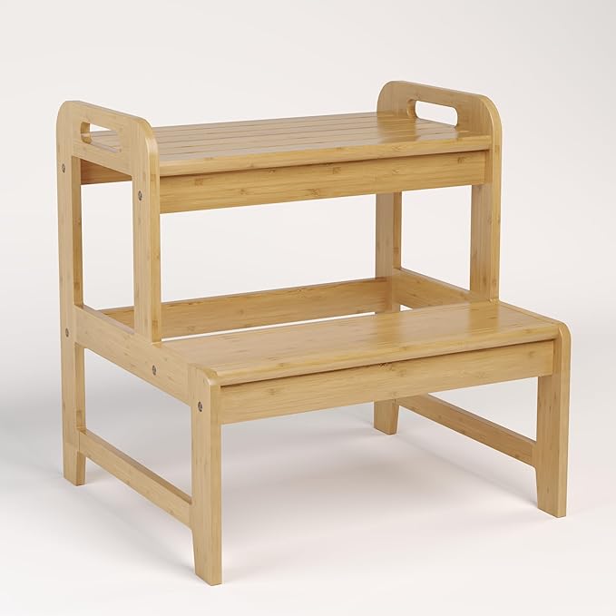 BALANBO Step Stool for Kids Bamboo Toddler Two Steps Stool with Anti-Slip and Handles Stairs 300 lbs Capacity for Bathroom Kitchen Bedroom(Natural)