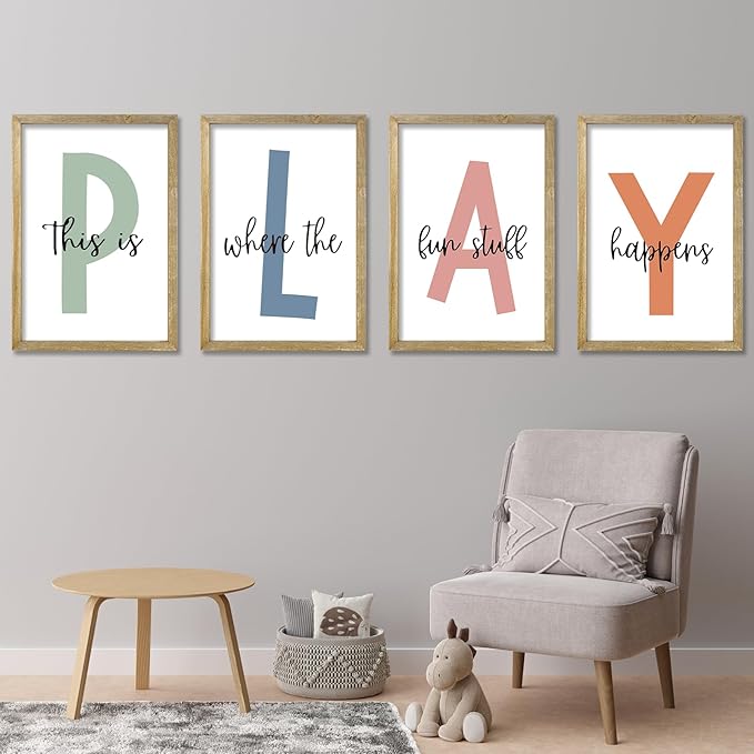 This Is Where The Fun Stuff Happens Kids Playroom Wall Art Decor 16x11 Inch Set Of 4 Rustic Kids Wood Framed Sign Toddler Modren Nursery Interesting Let's Play Prints Wall Hanging (Wood)