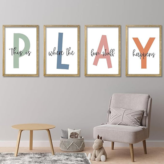 This Is Where The Fun Stuff Happens Kids Playroom Wall Art Decor 16x11 Inch Set Of 4 Rustic Kids Wood Framed Sign Toddler Modren Nursery Interesting Let's Play Prints Wall Hanging (Wood)