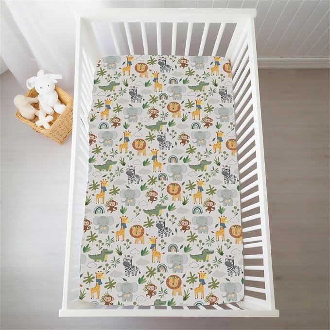 Jungle Safari Animals Baby Crib Sheets for Boy Girl Elephant Lion Zebra Giraffe Leaves Soft Snug Fitted Crib Mattress Covers for 52''x28'' Standard Crib & Toddler Mattress Pad Wild African Bed Sheets
