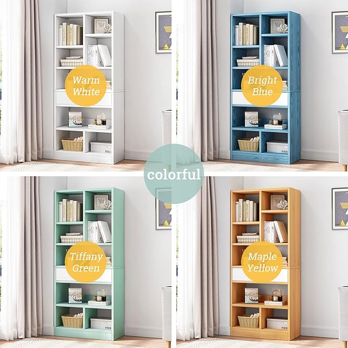 IOTXY Wooden Open Shelf Bookcase - 61 Inches Height Freestanding Display Storage Cabinet Organizer with 8 Cubes and a Drawer, Floor Standing Bookshelf in Maple Yellow