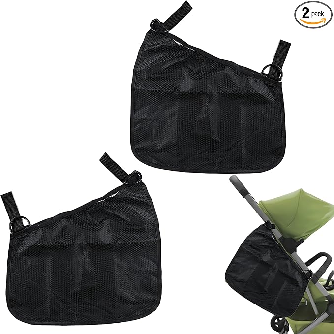 Anglepingping 2 Pack Universal Side Sling Stroller Cargo Net, Non-Slip and Adjustable Straps Storage Mesh Bag,Portable Mesh Storage Organizer (Black)