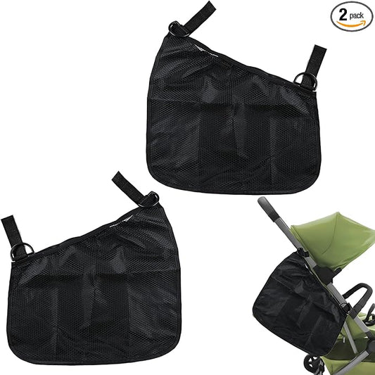 Anglepingping 2 Pack Universal Side Sling Stroller Cargo Net, Non-Slip and Adjustable Straps Storage Mesh Bag,Portable Mesh Storage Organizer (Black)