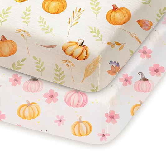 Halloween Pack and Play Sheets Fitted, Mini Crib Sheets 2-Pack for Pack N Play Mattress, Frankenstein, Pumpkin, Ghost