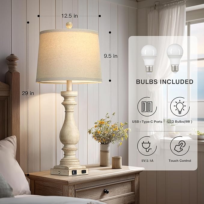 luxeflow 29" Tall Vintage Table Lamps Set of 2,Farmhouse Bedside Lamps with USB C+A Ports & AC Outlet,3-Way Dimmable Touch Lamp for Night Stands Living Room Bedroom,Beige