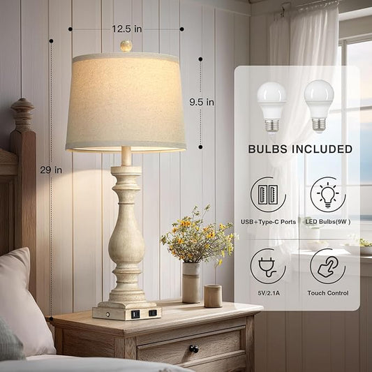 luxeflow 29" Tall Vintage Table Lamps Set of 2,Farmhouse Bedside Lamps with USB C+A Ports & AC Outlet,3-Way Dimmable Touch Lamp for Night Stands Living Room Bedroom,Beige