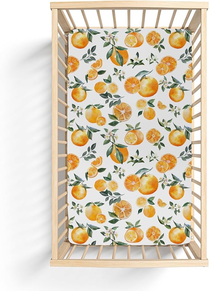 Watercolor Oranges Baby Crib Sheets for Boy Girl 52x28Inch Orange Flowers Leaves Soft Snug Fitted Crib Mattress Cover Summer Citrus Fruits Baby Sheet for Standard Crib & Toddler Bed Mattresses